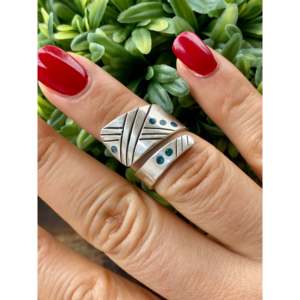 Raymond Begay 18K Gold and Rhodium Plated <b>Adjustable</b> Opal & Sterling Silver <b>Ring</b> Trendy Number Shape Inlay Size 6.5 Gift - Product Image 5