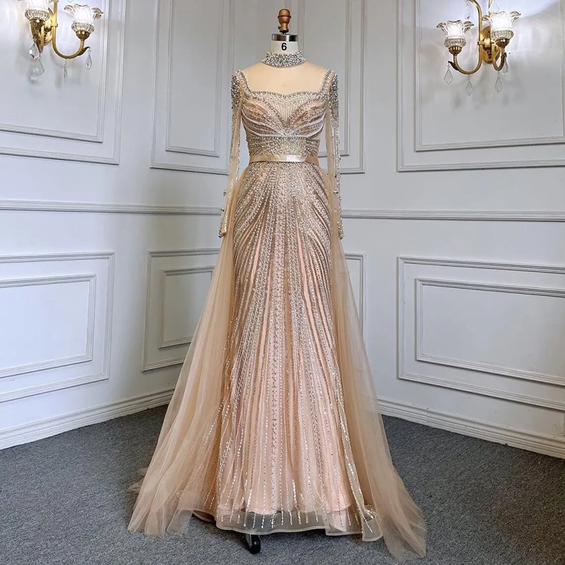 Champagne Or Manches Longues Gatsby Sirène Robe De Mariée Musulman Robes De Soirée De Luxe Gland Perlé Robes De Soirée Vintage Formelle P