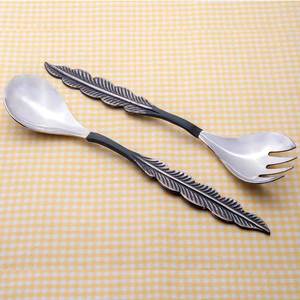 Classy Stainless Steel Salad Set With <b>Black</b> Rustic <b>Feather</b> Design Handle for Kitchenware Tabletop Salad Server Set - Product Image 1