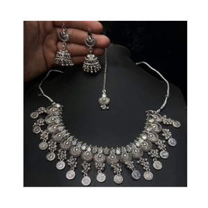 Antiguo trabajo de espejo oxidado joyería hecha a mano de plata alemana collar redondo oxidado juegos de pendientes largos con colgante - Product Image 5