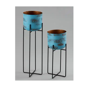 Juego de 2 accesorios de jardín, macetas de flores y plantas, maceta de flores de hierro con recubrimiento de polvo azul brillante, maceta de Metal con soporte - Product Image 5