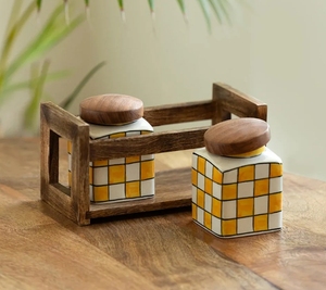 Shatranj Checkered Multi-Purpose Storage <b>Jars</b> & Containers In Ceramic With Wooden Holder Set of 2 Hand-Embossed Airtight - Product Image 2