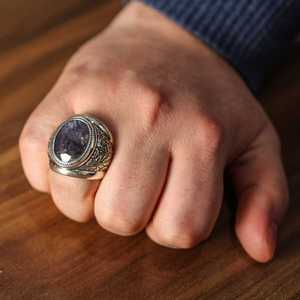 925 <b>Sterling</b> <b>Silver</b> Handcrafted Men's <b>Ring</b> with Engraved Root Sapphire Stone Bezel <b>Set</b> IGI Certified for Everyday Wear - Product Image 1