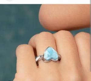 Nouveau génial fait à la main en argent Sterling bague Larimar lisse coupe pierre précieuse 10mm coeur forme lunette ensemble bague de fiançailles bijoux pour tous - Product Image 6