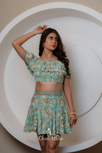 Wholesale 2 Piece Set Bohemian Floral Women Cropped Cami & Mini Skirt Western Style Off Shoulder Ruffled <b>Top</b> and Flowy Skirt Set - Product Image 2