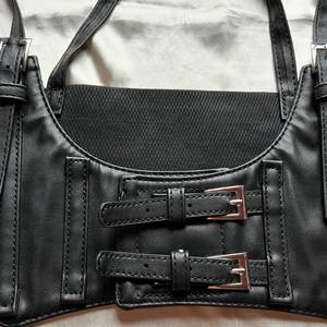 Women's <b>Black</b> Leather <b>Corset</b> Seamless Sexy Waist Trainer Bustier <b>Top</b> <b>With</b> shoulder <b>straps</b> for Party or Clubing - Product Image 3