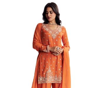 Chinon Cutdana Sequin Threadwork Kurta Palazzo Suit Venta al por mayor Mujeres Ropa étnica OEMFactory Proveedor a granel Moda de fiesta personalizada - Product Image 2
