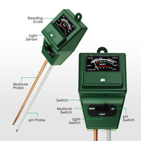Probador de 3 vías PH del suelo, kit de medidor de humedad y luz (verde), herramienta de prueba de sonda de acidez de jardinería para el hogar interior y exterior