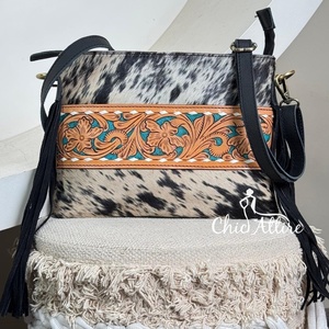 New Handmade Genuine Hair-On Cowhide Leather Crossbody Bag for Women's Western Vintage Hand Tooled Leather Sling Shoulder Purse - Product Image 1