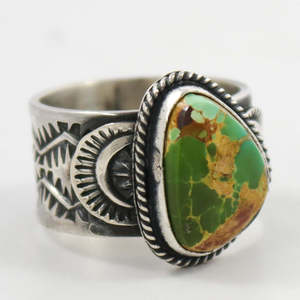 925 Sterling <b>Silver</b> <b>Ring</b> with Hand-Stamped Designs <b>Set</b> with Natural Royston Turquoise From Nevada for Weddings - Product Image 5