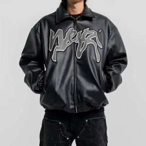 Chaqueta de cuero con patrón de letras Hombres Mujeres Bordado Casual Streetwear Hip Hop Harajuku Moda Abrigos de manga larga - Product Image 5