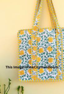 Handblock Printed <b>Quilted</b> Vintage Tote Bag | Eco-Friendly Cotton <b>Summer</b> Travel Bag | Handmade Reversible Design - Product Image 2