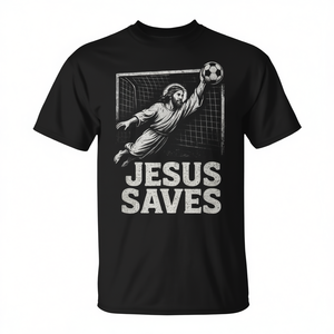 T-shirt ispiratrice con scritta 'Jesus Saves Soccer Goalie', abbigliamento cristiano motivazionale - Product Image 2