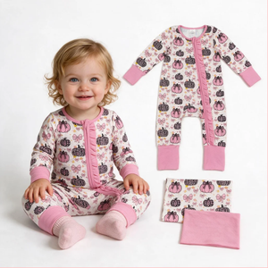 Jolie tenue d'automne pour bébés filles, imprimé citrouille, manches longues, fermeture éclair, col rond, volants doux - Product Image 5