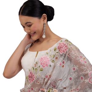 Saree en soie d'organza de concepteur de couleur grise avec le sari imprimé par Digital pour des femmes - Product Image 1