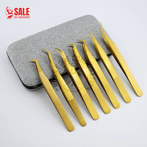 Pinzas para extensión de pestañas con punta de fibra, doradas, curvadas a 90 grados, herramienta para pestañas de volumen, antideslizantes, de acero inoxidable. - Product Image 1