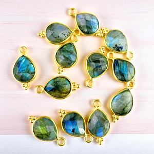 Wholesale Labradorite 925 Sterling Silver Gold Plated 10x8mm Pear Briolette Bezel <b>Pendant</b> Handmade Jewelry Making Supplies Bulk - Product Image 1
