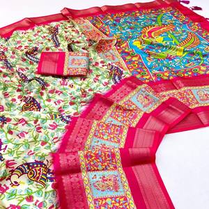 À la mode et élégant imprimé numérique Lichi Silk Kalamkari Saree couleurs accrocheuses et qualité supérieure pour les consommateurs et les acheteurs en gros - Product Image 5