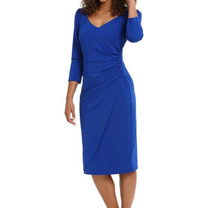 Vestido de pana Vintage de pana Burdeos con silueta de lápiz, cuello de botones dorados de manga larga con botones para mujer de oficina - Product Image 3