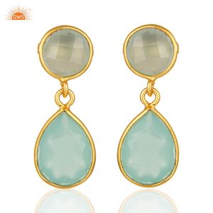 Boucle d'oreille en chalcédoine aqua, boucle d'oreille plaquée or de créateur, fabricant de bijoux en argent - Product Image 4