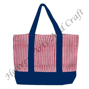 Sac fourre-tout en toile imprimé à la main avec poignée bleue en provenance d'Inde, motif floral multi-main avec deux bretelles, vente en gros BHCB014 - Product Image 2