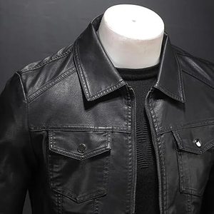 Veste en cuir pour moto pour homme, grande poche, fermeture éclair noire, col à revers, coupe ajustée, veste en PU pour homme, printemps et automne - Product Image 5