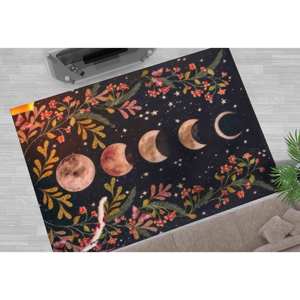 Alfombra Moonlight Garden: Alfombra Moderna con Diseño Floral Boho de Fases Lunares, Alfombra Delgada No Tejida - Product Image 2