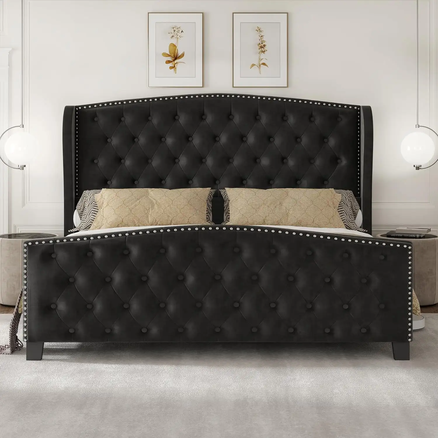 Modern Wooden Bed Frame High Headboard Tufted Buttons Full Size High Quality Furniture for Bedroom from Vietnam factory