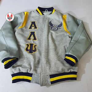 Chaqueta Universitaria Bordada de la Hermandad Alpha Lambda Psi para Mujer |   Chaqueta de Lana Bordada de la Hermandad ALP con Mangas de Cuero y un Solo Botón - Product Image 1