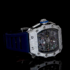 Montre chronographe squelette en moissanite glacée de luxe avec bracelet en caoutchouc bleu, montre personnalisée hip-hop - Product Image 3