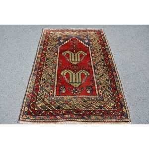 Alfombra vintage de 4x5.9 pies (122x180 cm), alfombra turca a cuadros rojos - Product Image 1