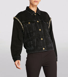 2025 Women's Black Denim Jacket <b>Button</b> Closure Outer Pocket Crystal Decoration Fashion Trend Simple Unique For Women - Product Image 1