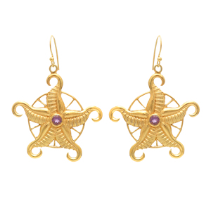 Elegantes pendientes colgantes de piedras preciosas de amatista estrella de mar chapados en oro Plata de Ley 925 Diseño elegante de moda para bodas - Product Image 1