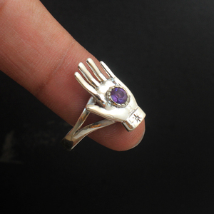Wholesale 925 Sterling Silver Hamsa Hand <b>Ring</b> Hot Selling Purple <b>Amethyst</b> Diamond Round-Cut Stone Jewelry for Women for Weddings - Product Image 6