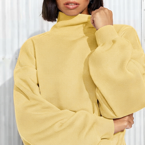 Sweat-shirt ample pour femme, col montant, mélange de coton, manches longues, pull tendance pour tous les jours - Product Image 1