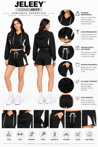 Conjunto de Sudadera con Capucha de 2 Piezas para Mujer, Color Sólido, Cierre de Cremallera de Cuarto, Pantalones Cortos con Cordón, Transpirable, Spandex/Poliéster, Cómodo, Largo hasta la Rodilla, para Yoga - Product Image 1