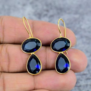 Pendientes de gota de Plata de Ley 925 de zafiro azul hechos a mano, piedra preciosa de pera ovalada, colgante chapado en oro, regalo de mujer para fiesta de boda a la moda - Product Image 2