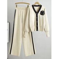 Automne et hiver nouveau décontracté col en v Cardigan haut et mi-long pantalon large couleur unie deux pièces pull ensemble 2025 design