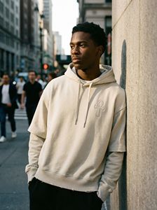 เสื้อฮู้ดสีครีมขนาดใหญ่พร้อมโลโก้ Ankh ปัก |   เสื้อพูลโอเวอร์สตรีทแวร์แบบดรอปโชลเดอร์ขอบดิบ |   ผู้ผลิตเสื้อฮู้ดดี้แบบ OEM พร้อมโลโก้ตามสั่ง - Product Image 5