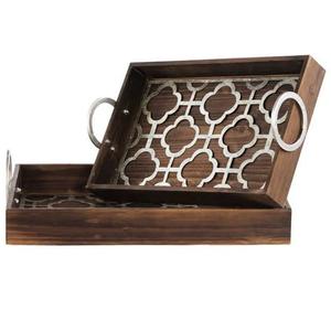 Plateau de service haut en bois avec poignée en métal durable et décoratif pour la maison et le restaurant de l'Inde - Product Image 1