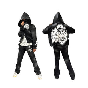 Ensemble de survêtements d'hiver OEM 100% en coton, avec logo personnalisé, sweat à capuche zippé évasé, pantalon de jogging, coupe-vent, polaire grande taille - Product Image 1