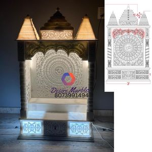 Losa Natural de mármol Makrana tallada a mano, intrincadas tallas indias, iluminación incorporada para el hogar, templo, superficie pulida, sala de estar - Product Image 1