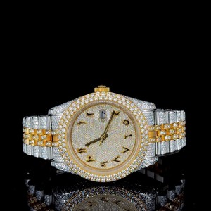Luxury Iced Two-Tone <b>Seiko</b> Quartz Analog Wristwatch <b>Gold</b> Accents Full Diamond Unique Numeral Markers Elegant Stainless Steel - Product Image 1