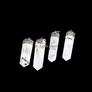 Pendentif en pierre semi-précieuse Rutile noir Cap en argent Crayon à facettes avec pendentif décoratif Fengshui en pierre précieuse de guérison - Product Image 1