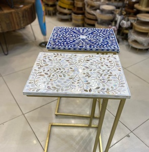Mesa de centro con diseño de flores modernas, incrustaciones de madreperla con base de acabado de latón para sala de estar, muebles decorativos para el hogar - Product Image 4