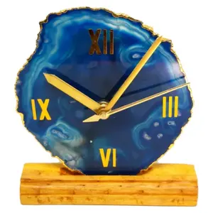 Posavasos de ágata azul, reloj con Base de madera con borde galvanizado dorado para curación religiosa de la India - Product Image 1