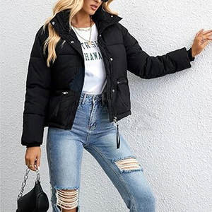Veste matelassée courte pour femme d'hiver, manteau chaud matelassé avec col montant, vêtement d'extérieur léger, noir - Product Image 3