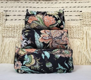<b>Set</b> 3 Handmade Indian Cotton Quilted <b>Travel</b> Cosmetic Case Pouches Tropical Black Zipper Hand Block Print Water Resistant - Product Image 4