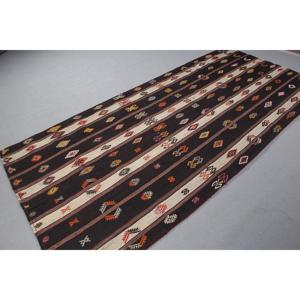Vintage Kilim <b>Rug</b> 4,4x9 ft, <b>Black</b> Red Abstract Wool Turkish <b>Rug</b> - Product Image 4