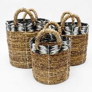 Juego de Cestas de Almacenamiento de Plástico Reciclado con Diseño de Corteza de Plátano Natural, Borde Blanco y Negro, Asa Arqueada, Organizador de Macetas, Diseño Artístico Puro - Product Image 1